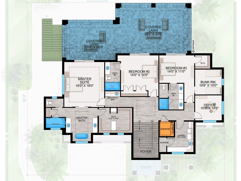 Plan 86121BW: 3-Story Contemporary Coastal House Plan with 4-Beds and Upside Down Floor Plan - 5100 Sq. Ft. - Floor Plan - 2nd Floor - Beach, Coastal, Coastal Contemporary, Florida-Style