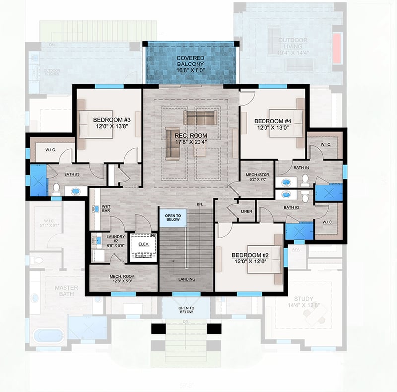 Plan 86122BW: 3-Story Coastal Contemporary House Plan with Elevator - 4669 Sq Ft - Floor Plan - 3rd Floor - Coastal, Coastal Contemporary, European, Florida-Style, Mediterranean, Transitional