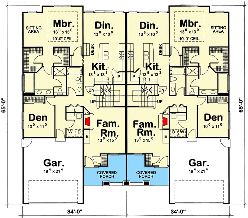 Plan 42729DB: Craftsman Duplex House Plan with Mirrored 2045 Square Foot 3 Bed Units - Floor Plan - Main Level - Craftsman, Traditional