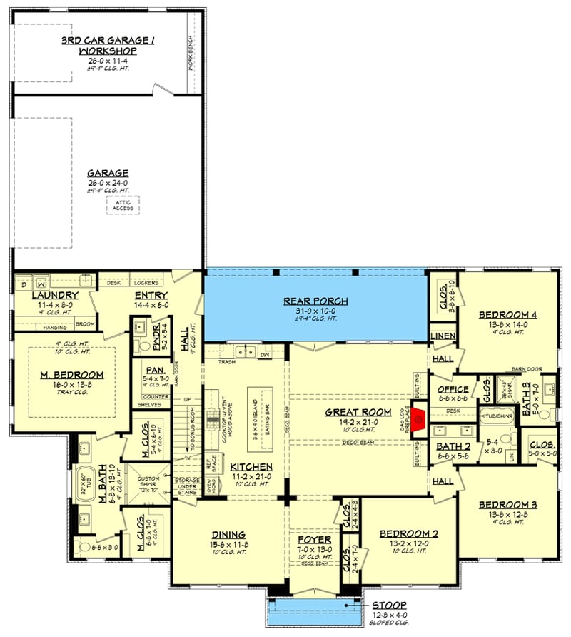 Plan 51953HZ: 4-Bedroom Sophisticated Modern Farmhouse Plan with Optional Bonus Suite Upstairs - Floor Plan - Main Level - Country, Modern Farmhouse, New American, Transitional