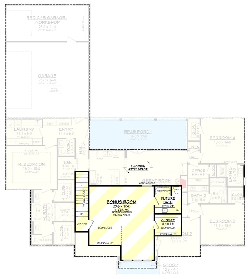 Plan 51953HZ: 4-Bedroom Sophisticated Modern Farmhouse Plan with Optional Bonus Suite Upstairs - Floor Plan - 2nd Floor - Optionally Finished Bonus Room - Country, Modern Farmhouse, New American, Transitional