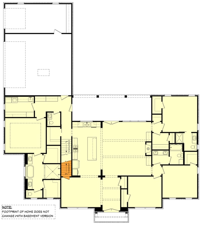 Plan 51953HZ: 4-Bedroom Sophisticated Modern Farmhouse Plan with Optional Bonus Suite Upstairs - Floor Plan - Main Level - Basement Stair Locaiton - Country, Modern Farmhouse, New American, Transitional