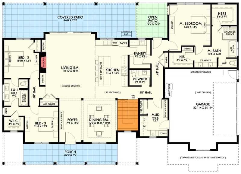 Plan 677039NWL: Modern Farmhouse with Expandable Garage - 2516 Sq Ft - Floor Plan - Main Level - Basement Stair Location - Country, Farmhouse, Modern Farmhouse, New American, Traditional