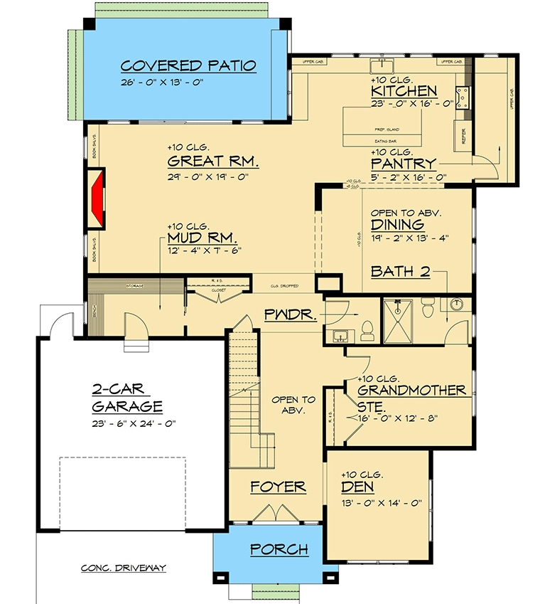 Plan 666250RAF: Modern Prairie House Plan with Third Floor Loft and Rooftop Deck - 5361 Sq Ft - Floor Plan - Main Level - Contemporary, Northwest, Prairie, Transitional