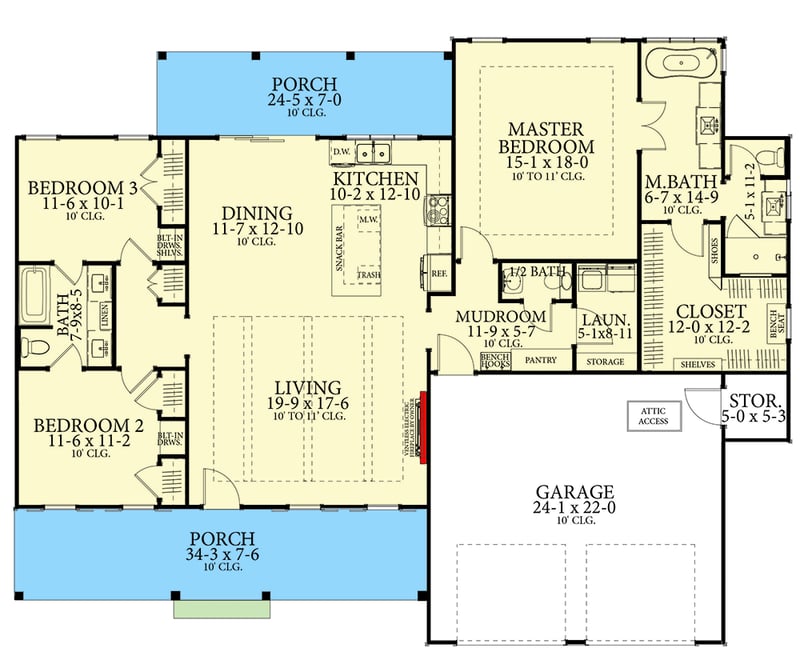 Plan 62162V: 3 Bed Farmhouse with Front and Rear Porches - 1834 Sq Ft - Floor Plan - Main Level - Country, Craftsman, Farmhouse, Traditional