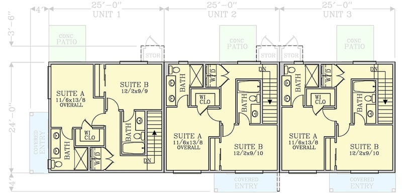Plan 28149J: Triplex House Plan with 2 Bed and 2.5 Bath Units - 1168 Sqs Ft - Floor Plan - 2nd Floor