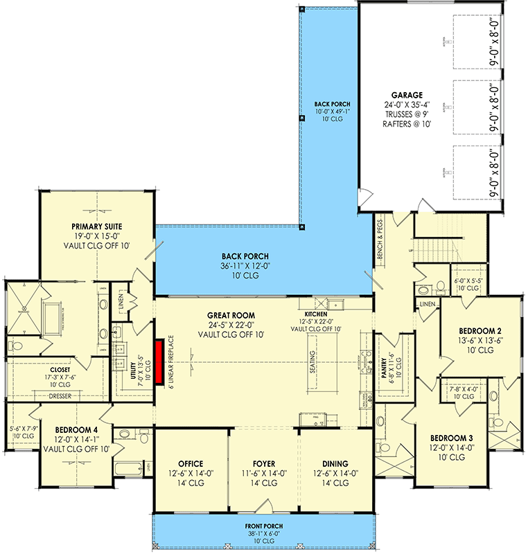 Plan 818108JSS: 4 Bed Modern Farmhouse with 2-Story Great Room and 3-Car Garage - 3641 Sq Ft - Floor Plan - Main Level - Country, Farmhouse, Modern Farmhouse