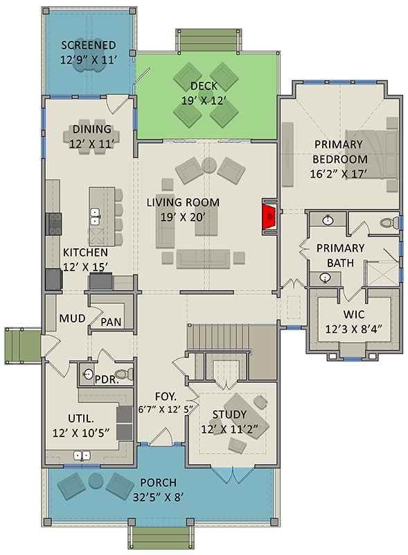 Plan 25435TF: Coastal Cottage with Study and Two-Story Living Room - 2872 Sq Ft - Floor Plan - Main Level - Coastal, Cottage