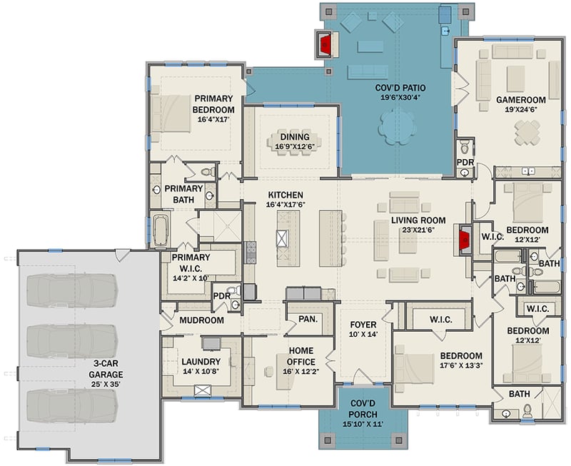 Plan 25436TF: Contemporary Craftsman with 4 Beds and Large Outdoor Living Room - 4105 Sq Ft - Floor Plan - Main Level - Contemporary, Craftsman, New American