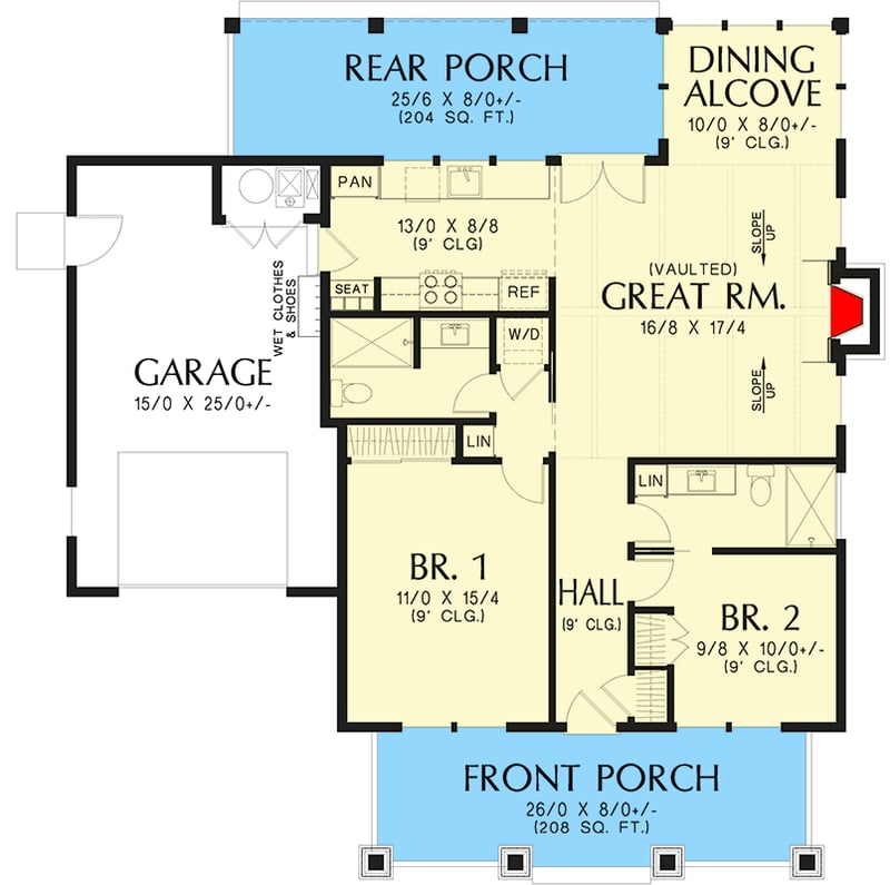 Plan 69830AM: 2-Bed Bungalow with 1-Car Garage - 1124 Sq Ft - Floor Plan - Main Level - Bungalow, Cottage, Country, Craftsman