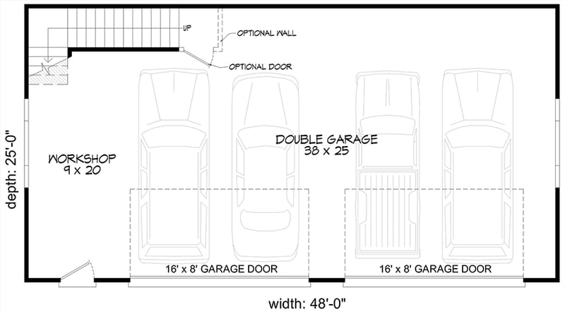 Plan 680244VR: 1200 Sq Ft 4-Car Garage with Workshop and 1200 Sq Ft Loft Above - Floor Plan - Main Level - Contemporary, Mid Century Modern, Modern