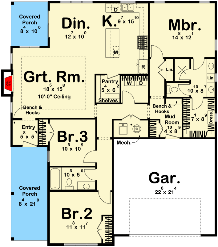 Plan 623317DJ: 3 Bed Traditional House Plan with 2-Car Garage - 1658 Sq Ft - Floor Plan - Main Level - Cottage, Traditional