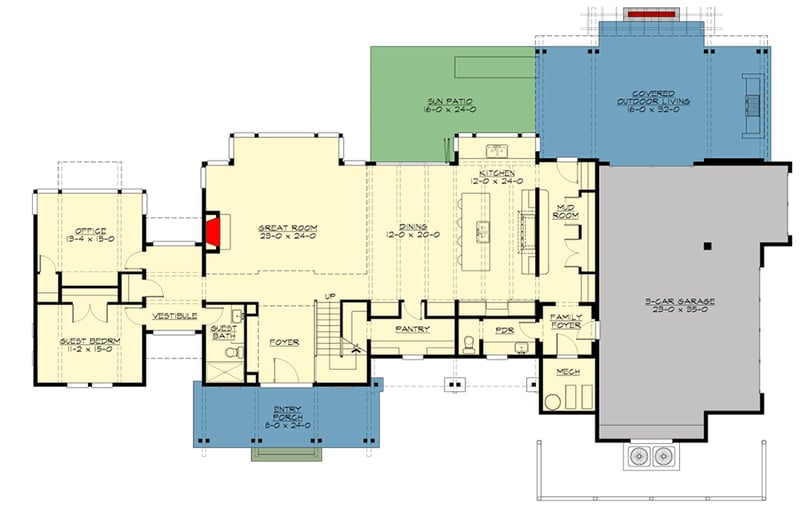 Plan 23951JD: 4 Bed Transitional Farmhouse Plan with Home Office and Outdoor Living - 4405 Sq Ft - Floor Plan - Main Level