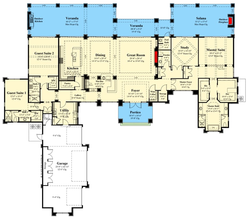 Plan 340128STR: Contemporary One-Story House Plan with Outdoor Entertaining Spaces - 4460 Sq Ft - Floor Plan - Main Level - Coastal Contemporary, Contemporary, Florida-Style, Mid Century Modern, Modern
