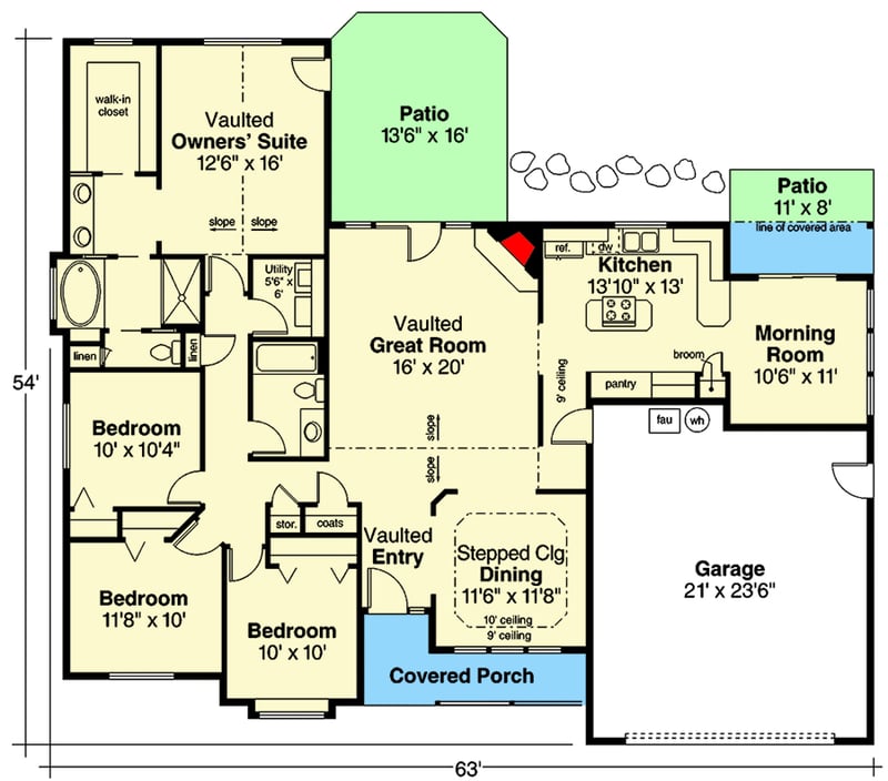 Plan 72406DA: One-Story 4-Bed House Plan with Vaulted Great Room - 1970 Sq Ft - Floor Plan - Main Level - Ranch, Traditional