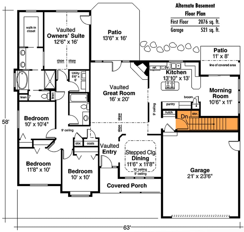 Plan 72406DA: One-Story 4-Bed House Plan with Vaulted Great Room - 1970 Sq Ft - Floor Plan - Basement Stairs Location - Ranch, Traditional