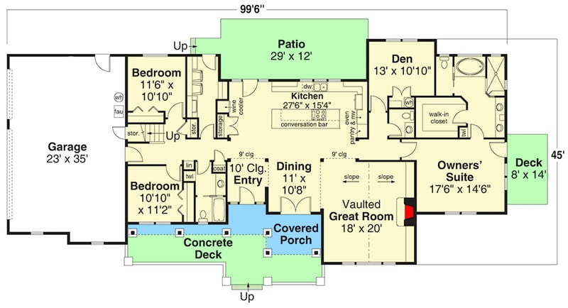 Plan 72407DA: Ranch House Plan with Vaulted Great Room and Private Den - 2545 Sq Ft - Floor Plan - Main Level - Ranch, Traditional