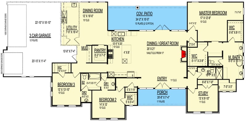 Plan 264033KMD: One-Story House Plan with 3-Car Garage with 2 Bays - 3121 Sq Ft - Floor Plan - Main Level - New American, Ranch, Transitional