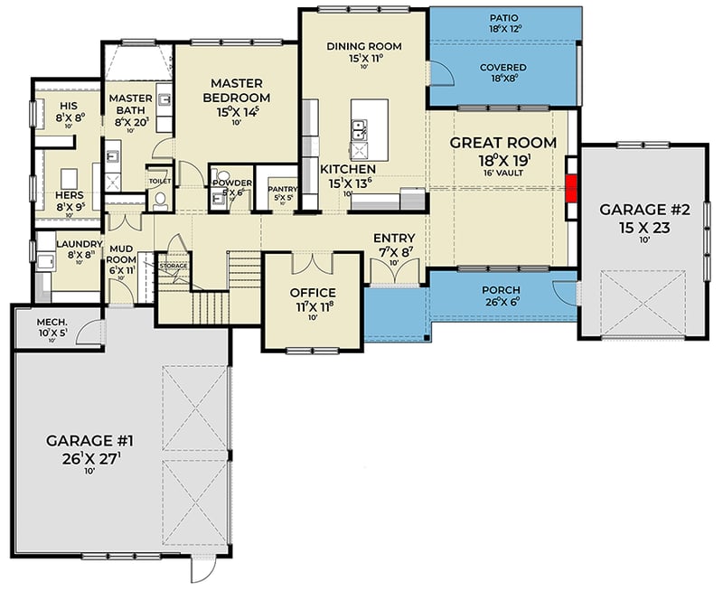 Plan 280197JWD: New American Farmhouse Plan with Bonus Above 3-Car Garage - 3581 Sq Ft - Floor Plan - Main Level - Contemporary, Country, Modern Farmhouse, New American