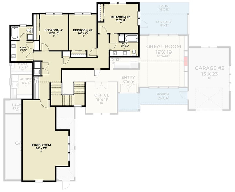 Plan 280197JWD: New American Farmhouse Plan with Bonus Above 3-Car Garage - 3581 Sq Ft - Floor Plan - 2nd Floor - Contemporary, Country, Modern Farmhouse, New American