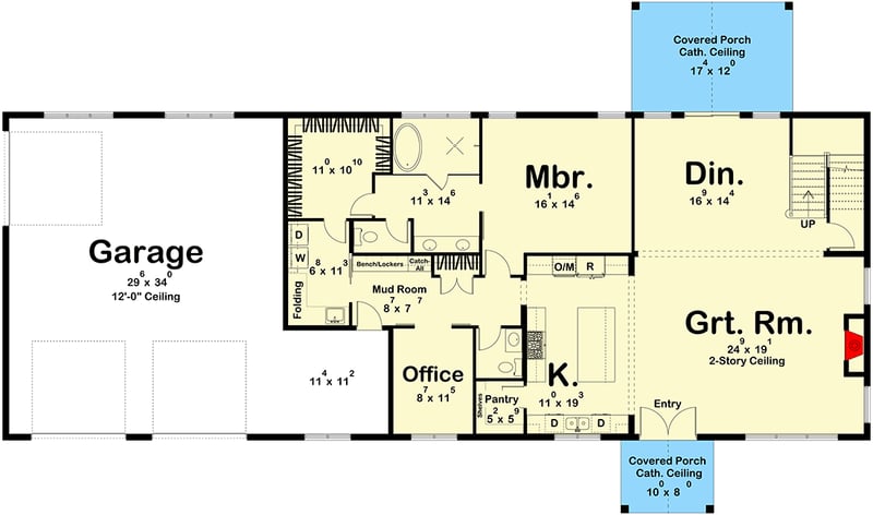 Plan 623319DJ: 4-Bed Barndominium-Style House Plan with Loft Overlook - 3263 Sq Ft - Floor Plan - Main Level - Barndominium, Country, Traditional