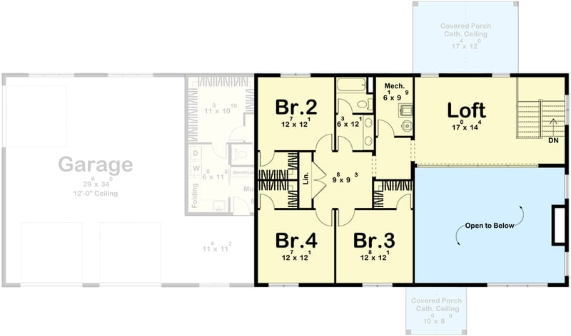 Plan 623319DJ: 4-Bed Barndominium-Style House Plan with Loft Overlook - 3263 Sq Ft - Floor Plan - 2nd Floor - Barndominium, Country, Traditional