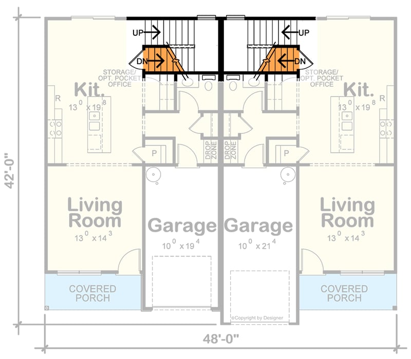 Plan 42449DB: Duplex House Plan with 3 Upstairs Bedrooms - 1528 Sq Ft Each Unit - Floor Plan - Basement Stairs Location - Modern Farmhouse, New American