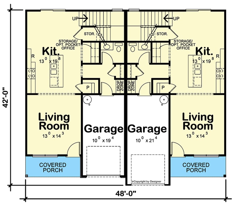 Plan 42449DB: Duplex House Plan with 3 Upstairs Bedrooms - 1528 Sq Ft Each Unit - Floor Plan - Main Level - Modern Farmhouse, New American