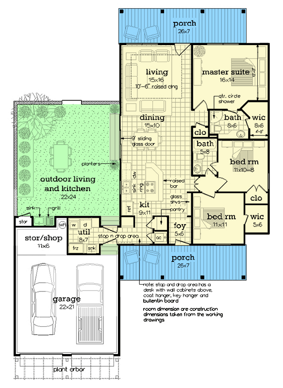 Plan 55234BR: 3-Bed Country Cottage House Plan with Workshop - 1362 Sq Ft - Floor Plan - Main Level - Cottage, Country, Ranch, Southern, Traditional