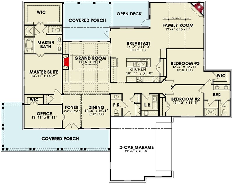 Plan 25822GE: Classic 3-Bed Country Farmhouse Plan with Home Office - 2761 Sq Ft - Floor Plan - Main Level - Country, Craftsman, Farmhouse, Modern Farmhouse, Traditional