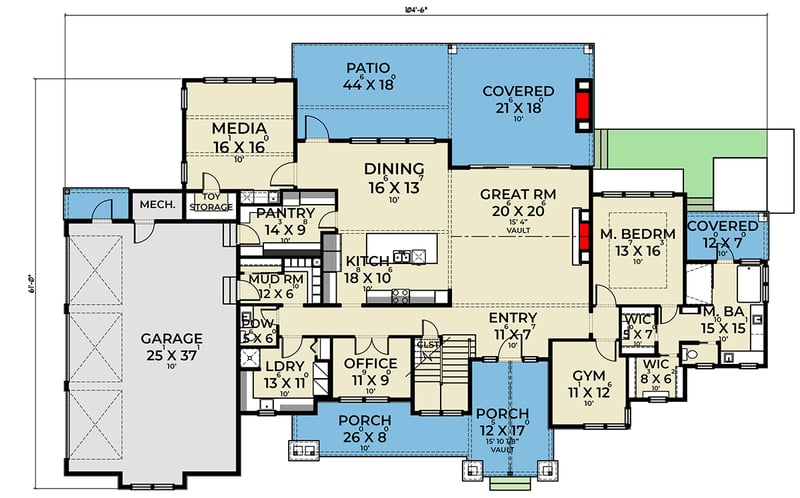 Plan 280198JWD: Modern Farmhouse with Gym, Office, Media Room and Finished Bonus Room - 4704 Sq Ft - Floor Plan - Main Level - Farmhouse, Modern Farmhouse, New American