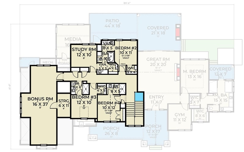 Plan 280198JWD: Modern Farmhouse with Gym, Office, Media Room and Finished Bonus Room - 4704 Sq Ft - Floor Plan - 2nd Floor - Farmhouse, Modern Farmhouse, New American