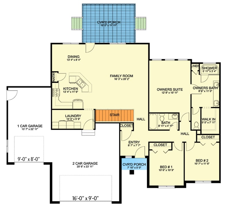 Plan 61485UT: One Floor New American House Plan with 3-Car Garage - 1713 Sq Ft - Floor Plan - Main Level - New American, Ranch, Transitional