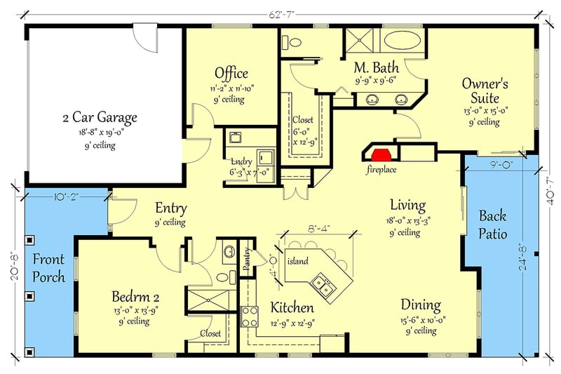 Plan 833000WAT: 2-Bed One-Story Shingle-Style Bungalow Cottage House Plan with Home Office - 1814 Sq Ft - Floor Plan - Main Level - Bungalow, Country, Craftsman, New American, Shingle
