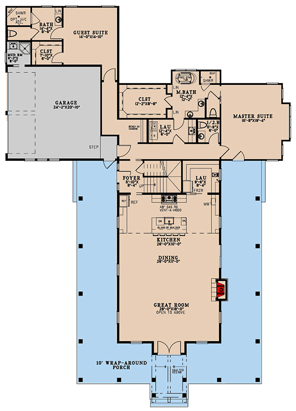 Plan 70873MK: Rustic Farmhouse Plan with 3-Sided Wrap Around Porch - 4065 Sq Ft - Floor Plan - Main Level - Country, Farmhouse, Modern Farmhouse, New American