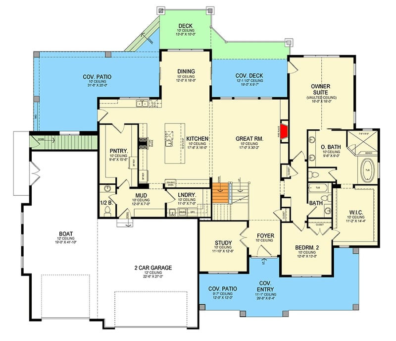 Plan 290169IY: New American House Plan with Home Office and Boat-Friendly Bay - 4217 Sq Ft - Floor Plan - Main Level - Craftsman, Modern Farmhouse, New American, Transitional