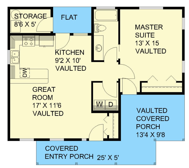 Plan 350055GH: One-Story One Bedroom House Plan with Covered Porch - 810 Sq Ft - Floor Plan - Main Level - Cottage, Country