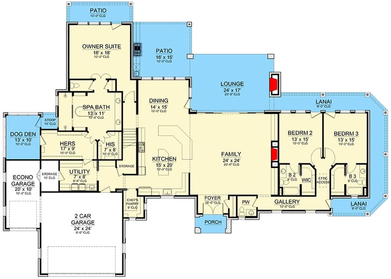 Plan 36697TX: Modern Hill Country House Plan with Upstairs Study - 3706 Sq Ft - Floor Plan - Main Level - Hill Country, Transitional