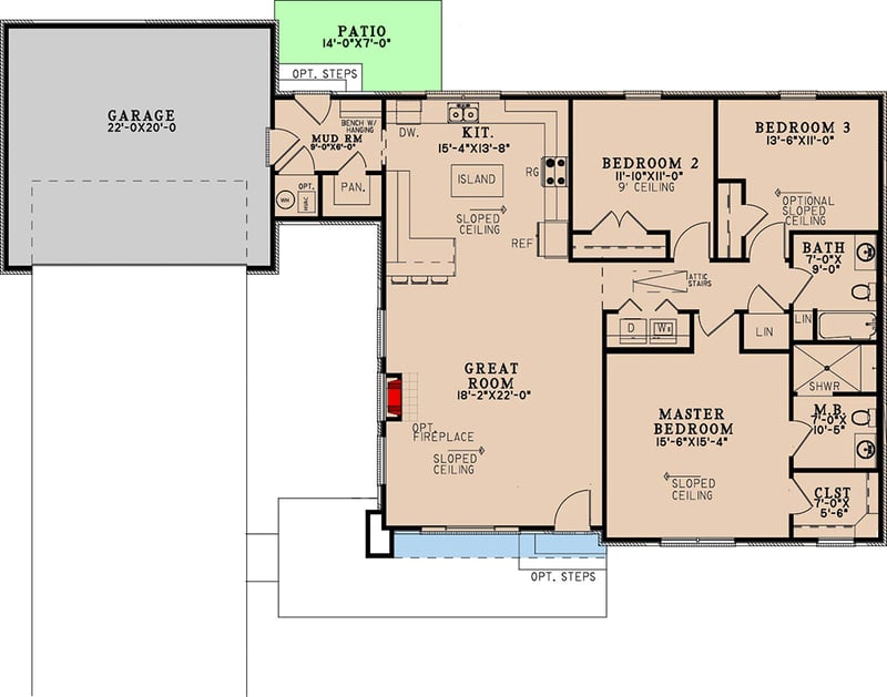 Plan 70874MK: Contemporary House Plan with Sloped Ceilings and 2-Car Garage - 1659 Sq Ft - Floor Plan - Main Level - Contemporary, Mid Century Modern, Modern