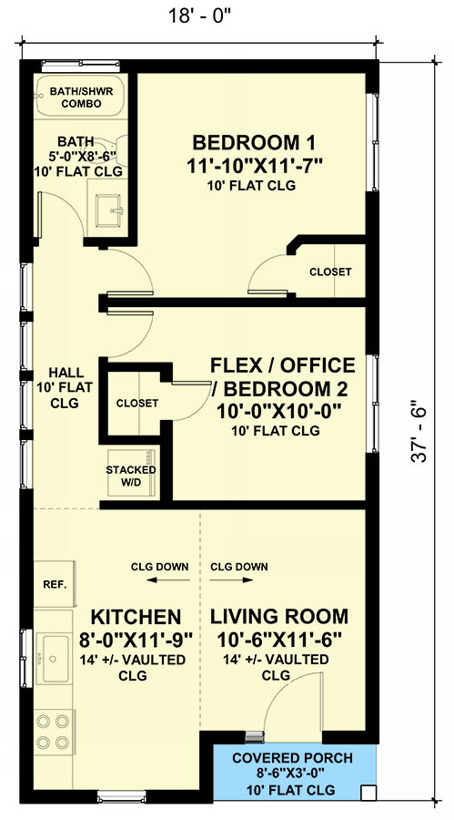 Plan 420128WNT: ADU with Flex Room and Vaulted Open Space - 649 Sq Ft - Floor Plan - Main Level - Cabin, Cottage, Country