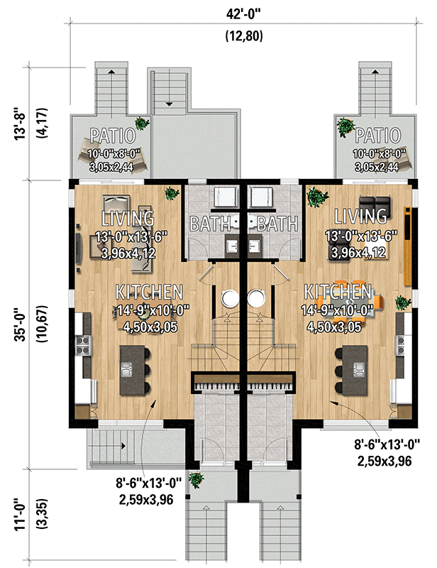 Plan 801162PM: Triplex House Plan with 2 Two-Story Units and 1 Lower Level Unit - 1330 Sq Ft Ea - Floor Plan - Main Level - Contemporary, Northwest, Transitional