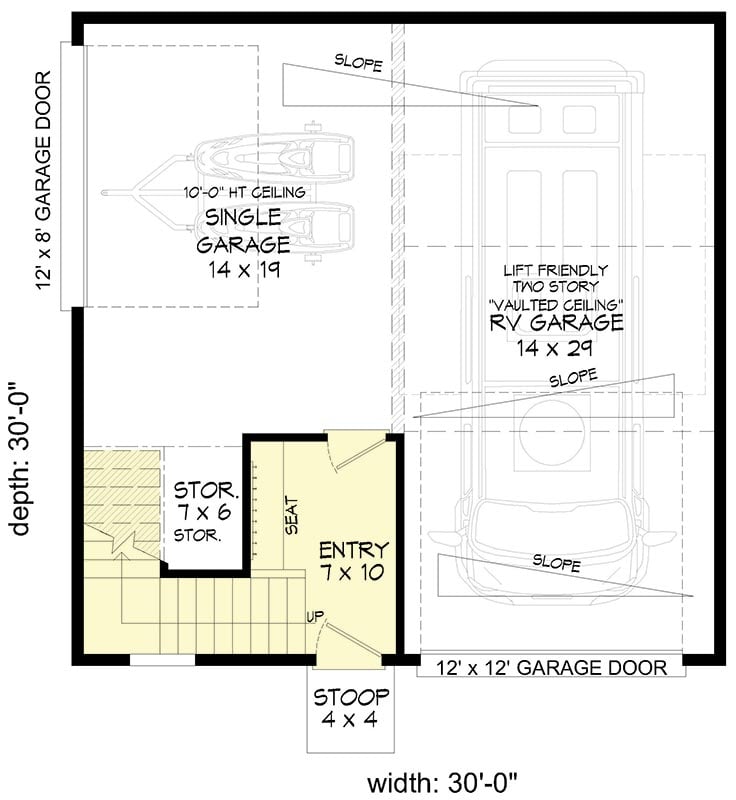 Plan 680271VR: 781 Square Foot Modern RV-Friendly Garage with 458 Square Foot Loft Above - Floor Plan - Main Level - Contemporary, Modern, Northwest