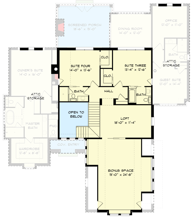 Plan 93207EL: 2 Story Transitional House Plan with Home Office and Finished Bonus Room - 3693 Sq Ft - Floor Plan - 2nd Floor - European, Transitional, Tudor