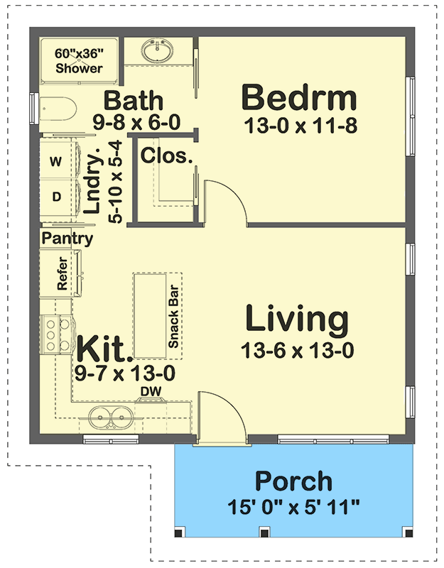 Plan 67820MG: 624 Square Foot ADU with Well-Appointed Kitchen - Architectural Designs - Floor Plan - Main Level - Cabin, Cottage, Craftsman, Ranch, Vacation