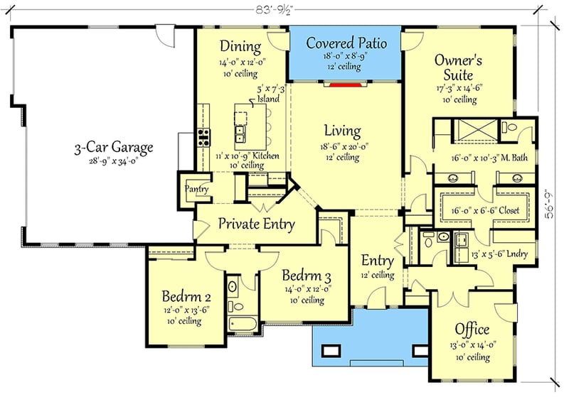 Plan 833007WAT: 3-Bed Modern Prairie Ranch House Plan with Home Office - 2616 Sq. Ft. - Floor Plan - Main Level - Modern, Prairie, Ranch
