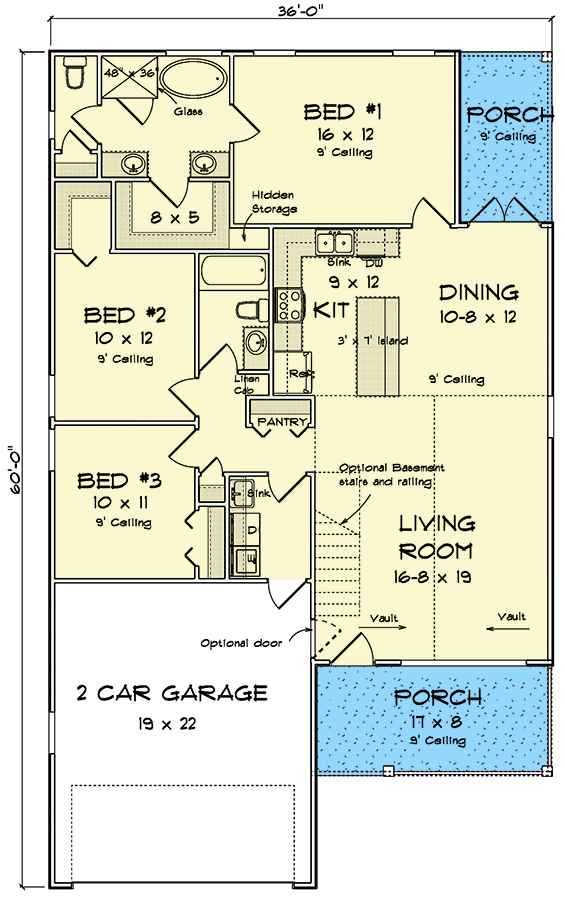 Plan 52338WM: 3 Bed Craftsman Cottage House Plan with Vaulted Living Room - 1388 Sq Ft - Floor Plan - Main Level - Cottage, Country, Southern, Traditional
