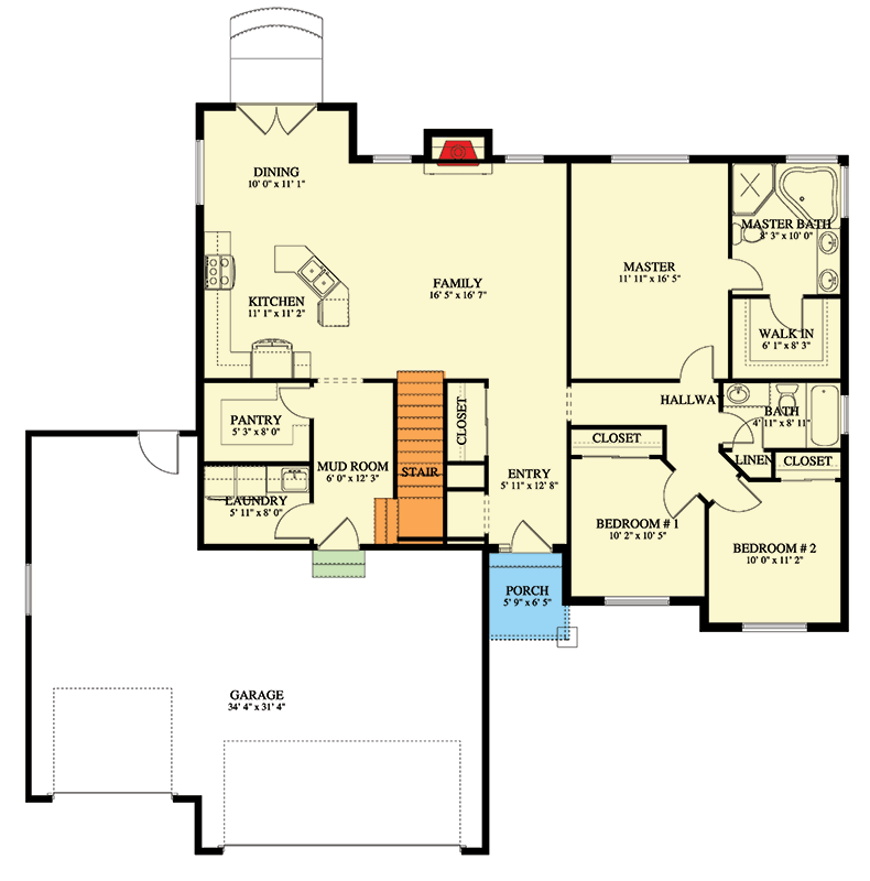 Plan 61486UT: 3 Bed Ranch House Plan with Bonus Above 3-Car Garage - 2053 Sq Ft - Floor Plan - Main Level - Ranch, Traditional