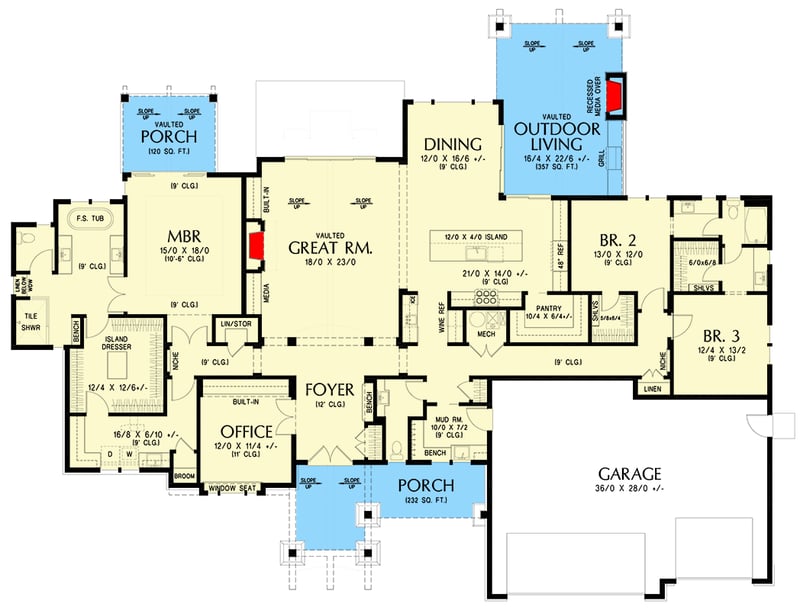 Plan 69846AM: One-Story Craftsman House Plan with Outdoor Living Spaces - 3361 Sq Ft - Floor Plan - Main Level - Craftsman, Ranch