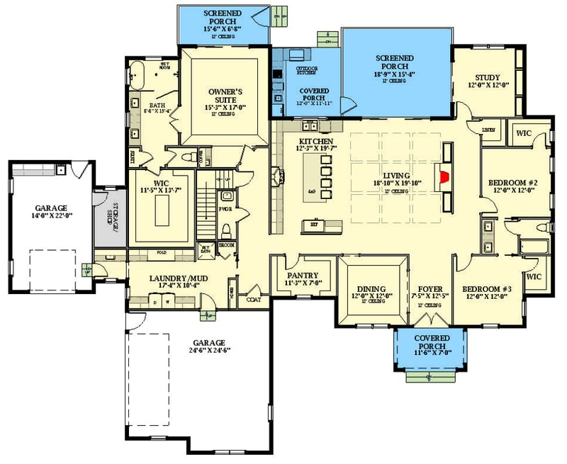 Plan 46512LA: 3-Bed New American House Plan with Split Garage and Outdoor Kitchen - 3070 Sq. Ft. - Floor Plan - Main Level - Country, New American, Traditional