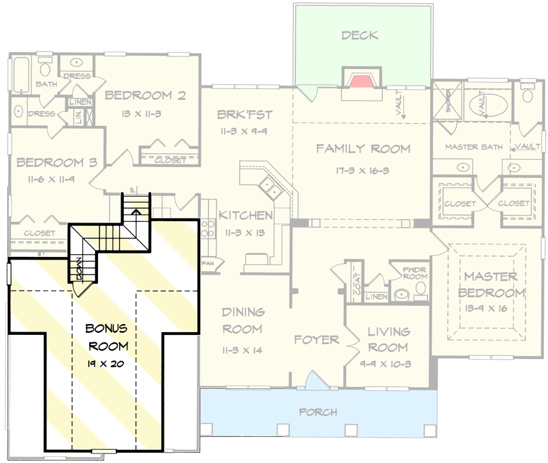 Plan 36019DK: Country Ranch Home Plan with Wonderful Front Porch - Floor Plan - Bonus - Country, Traditional